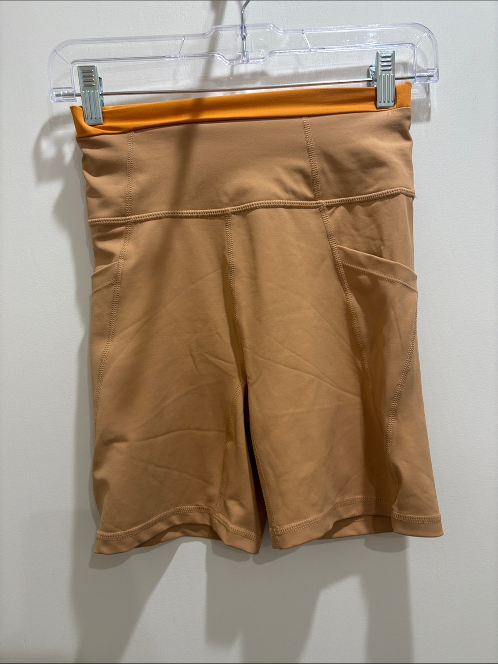 ALLFENIX High-Rise Bike Shorts with Orange Waistband — Almond color Side Pockets